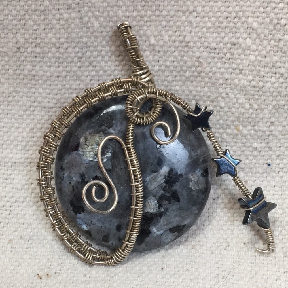 Large Wire Wrapped Larvikite Pendant w Hematite Star
